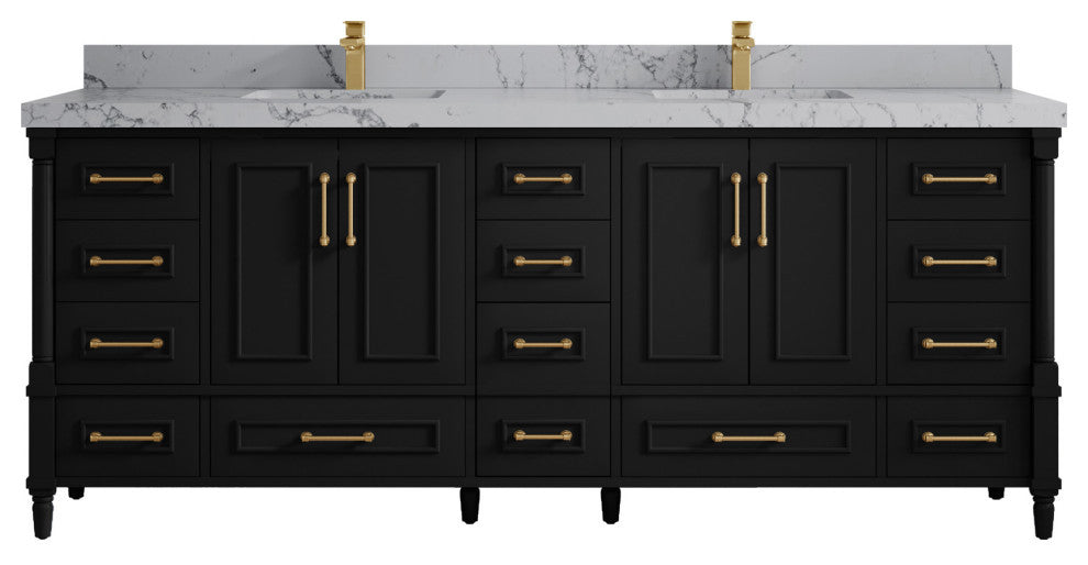 Aberdeen 84 Double Sink Bath Vanity in Black 2" Venatino Quartz