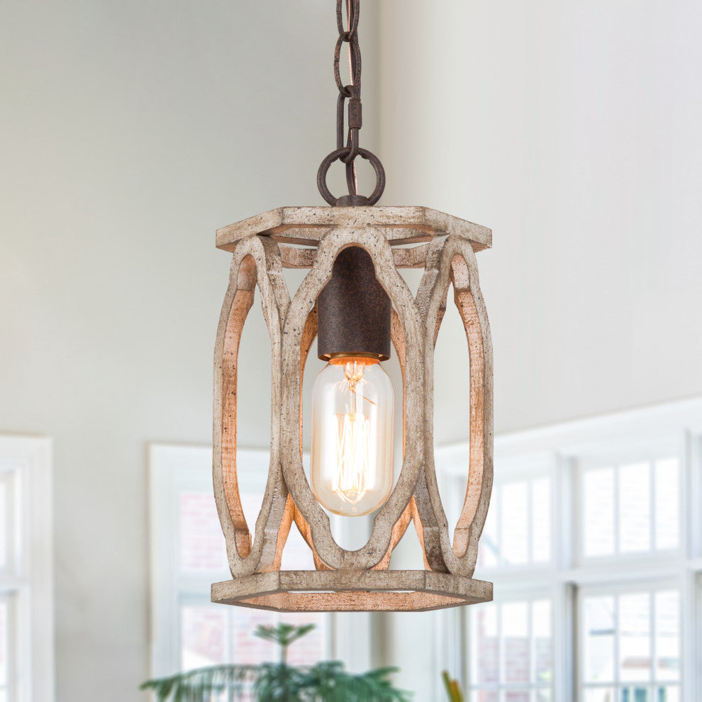 LALUZ 6-in White-washed Wood Farmhouse Lantern Mini Pendant Lighting