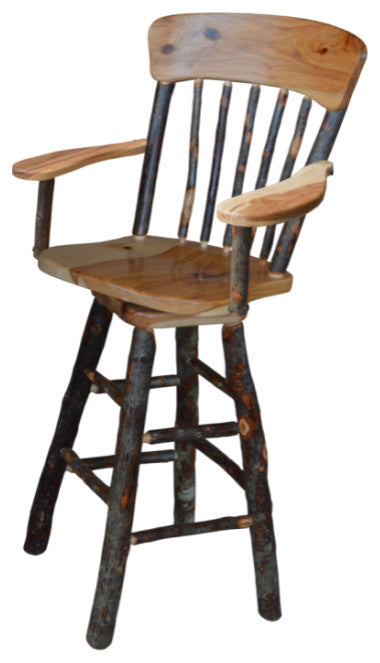 Hickory Panel Back Swivel Bar Chair with Arms, Rustic Hickory