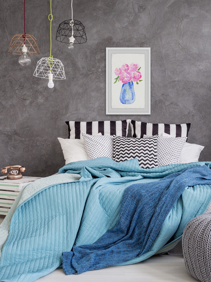 "Pink Flowers Blue Vase" Framed Painting Print, 16"x24"