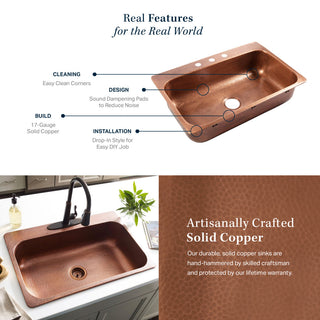 Angelico Copper 33" Single Bowl Drop-In Kitchen Sink with 4 Holes