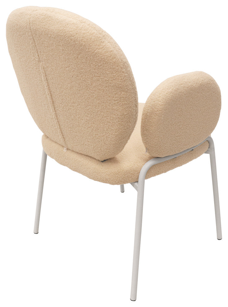 Celestial Boucle Dining Chairs With Arms, White Iron Legs, Beige