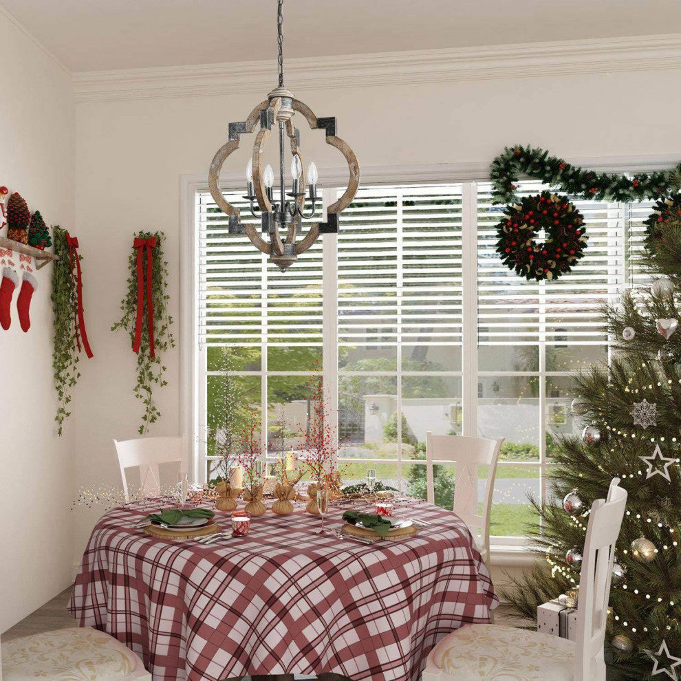 LNC Wood Farmhouse Rustic Lantern Chandeliers, Metal Accented, 4 Lights