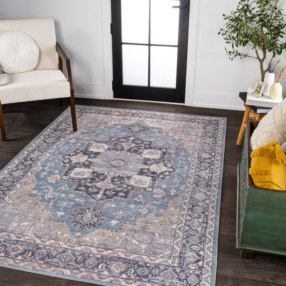 Maris Ornate Medallion Machine-Washable Blue/Cream 4 ft. x 6 ft. Area Rug