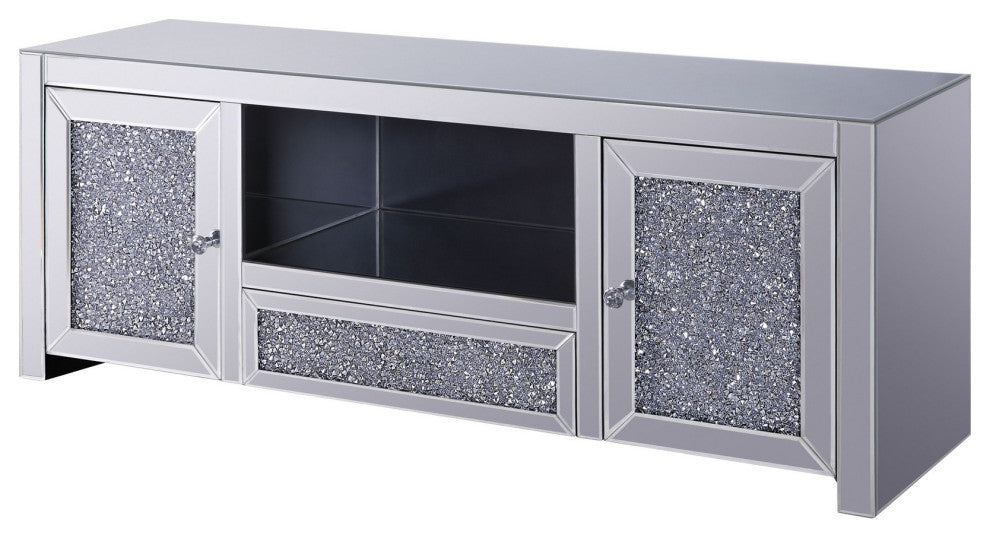 Benzara BM280280 59" Wood TV Entertainment Media Console, Faux Diamond, Silver
