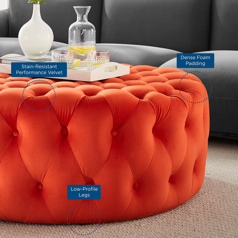 Amour Tufted Button Large Round Performance Velvet Ottoman, Orange