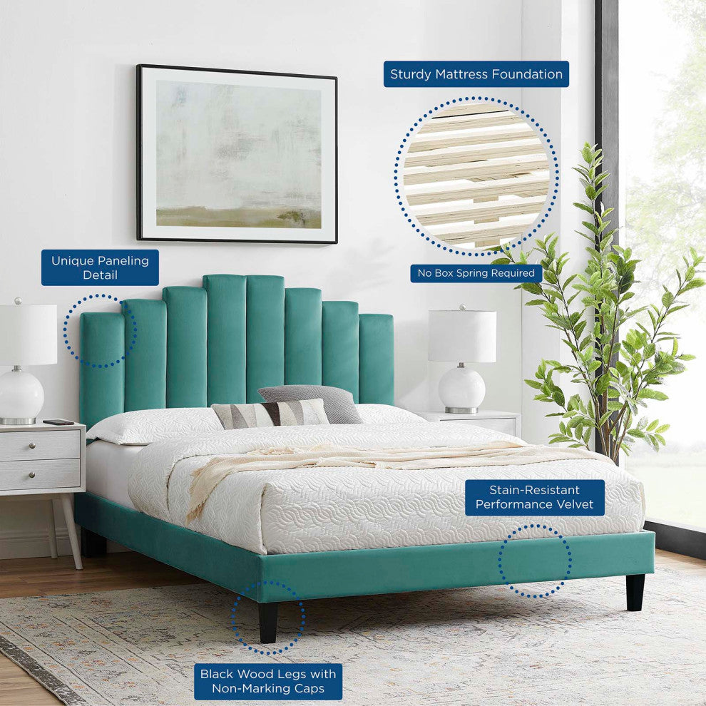 Platform Bed Frame, Queen Size, Velvet, Teal Blue, Modern Contemporary, Bedroom