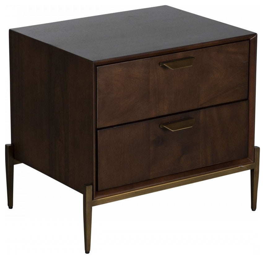 Modern Dark Mango Acacia and Brass Nightstand With Two Drawers