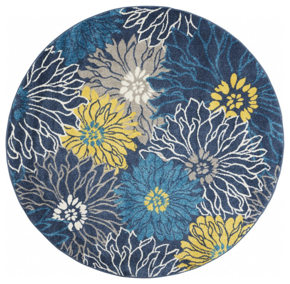 5' Blue Round Floral Power Loom Area Rug