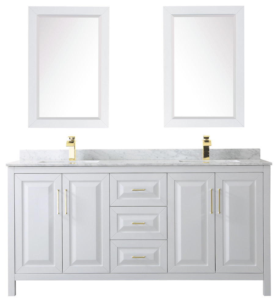 72"DBL Bathroom Vanity White, Carrara Countertop, Sinks, 24" Mirrors, Gold Trim