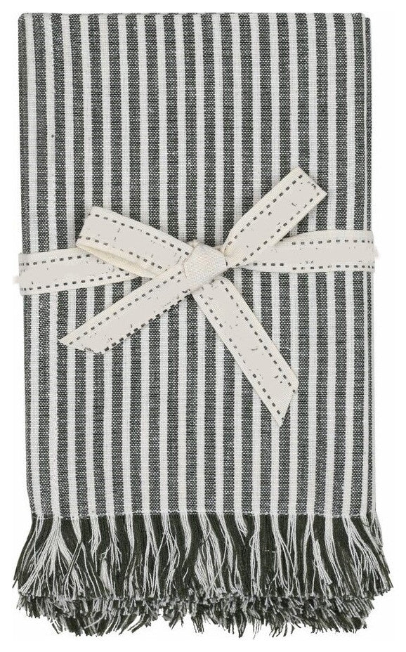 Set of Leaf Green Striped Table Runner and Eight Napkins
