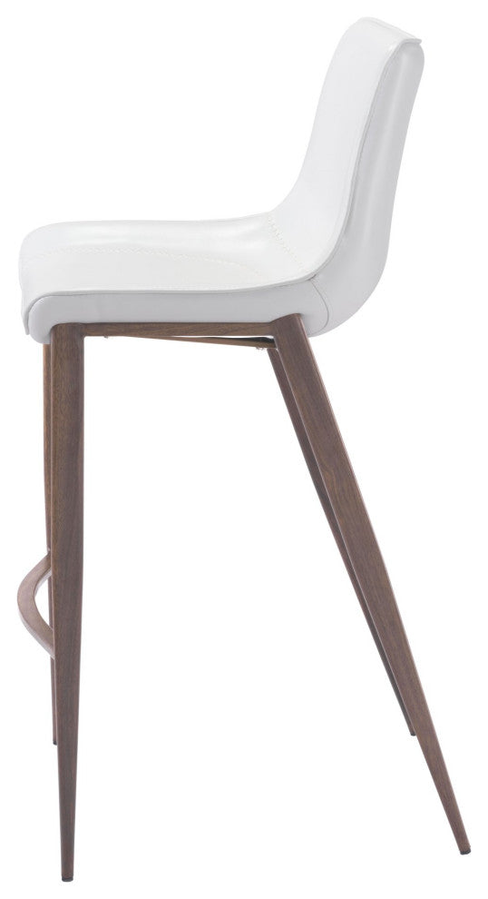 Bar Stool Chair Barstool, Set of 2, Faux Vinyl Leather, Steel, White, Walnut