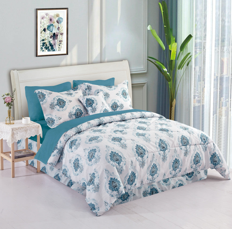Bibb Home 8 Piece Comforter Set, Blue Paisley, Queen