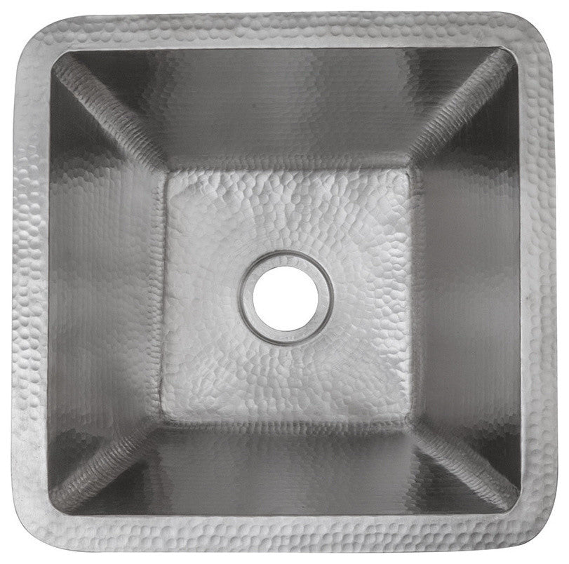 15" Square Hammered Copper Bar/Prep Sink in Nickel, 2" Drain Opening
