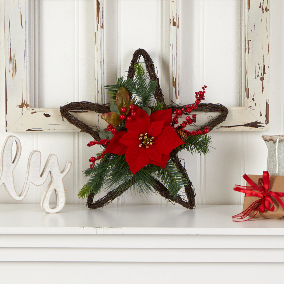 Nearly Natural W1319 16 Holiday Christmas Poinsettia Star Twig Wreath