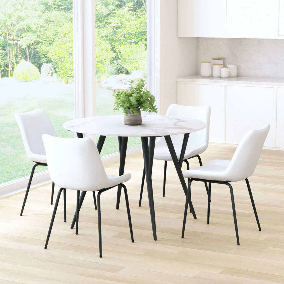Dining Chair, Set of 2, Faux Vinyl Leather, Steel, White, Black, Mid Century