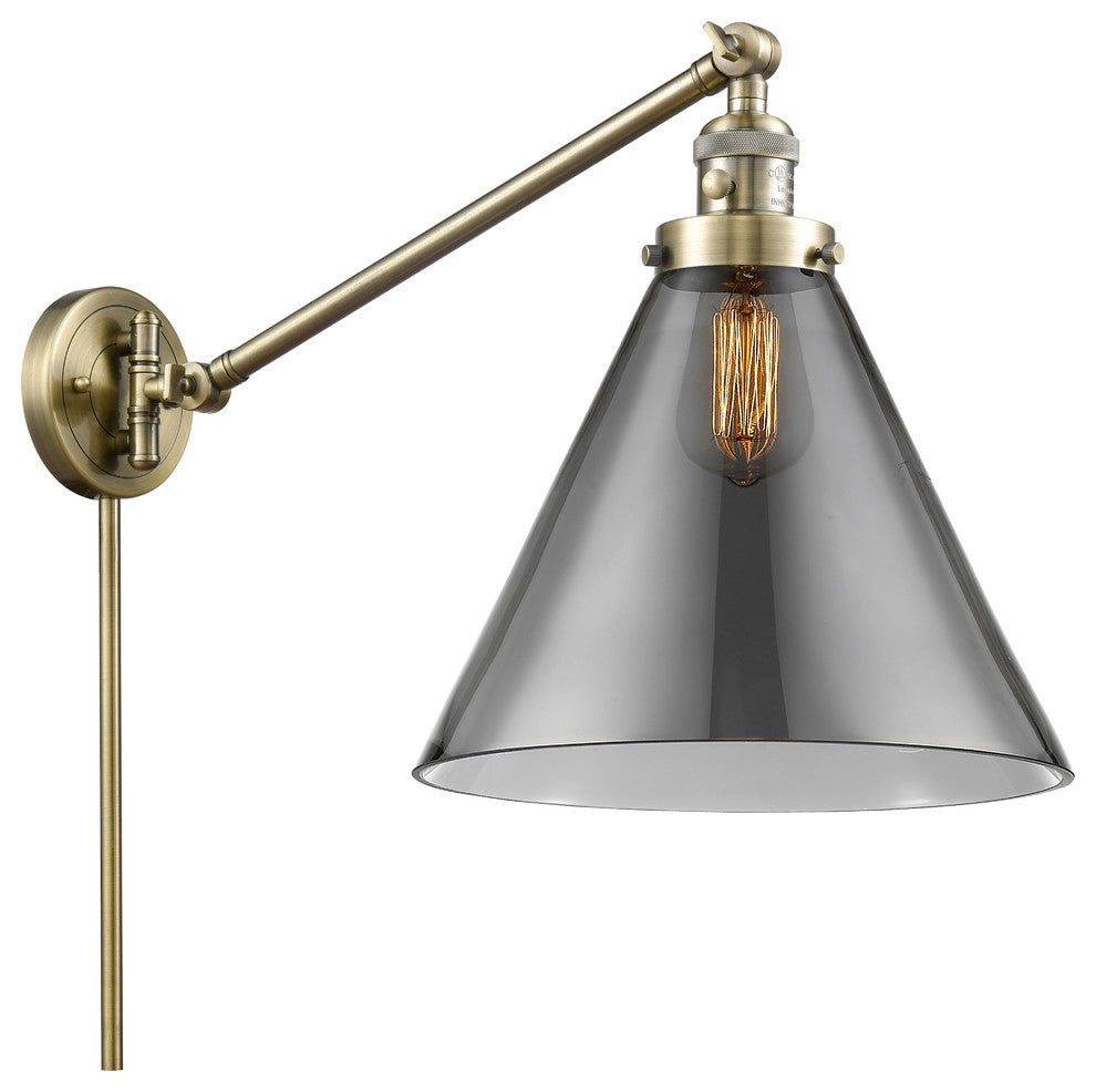X-Large Cone 1-Light Swing Arm, Antique Brass, Plated Smoke