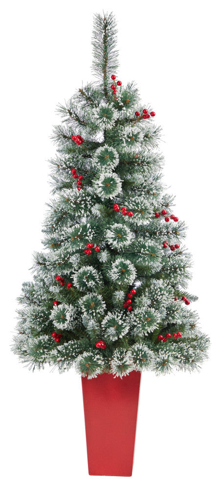 52" Frosted Swiss Pine Faux Xmas Tree W/100 Clear Lights & Berries, Red Planter