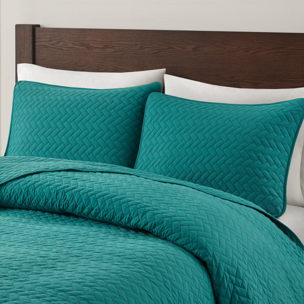 Hampton Hill Velvet Touch Herringbone Oversize 3-Piece Coverlet, Teal, Queen