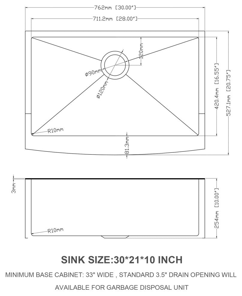 30" x 21" Gold Stainless Steel Single Bowl Farmhouse Apron Kitchen Sink