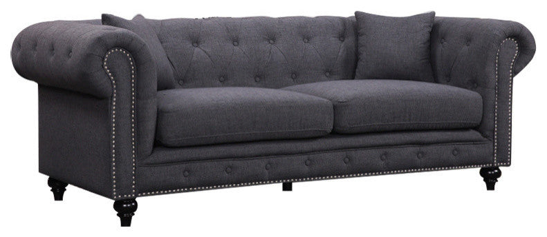Chesterfield Linen Textured Fabric Upholstered Sofa, Gray