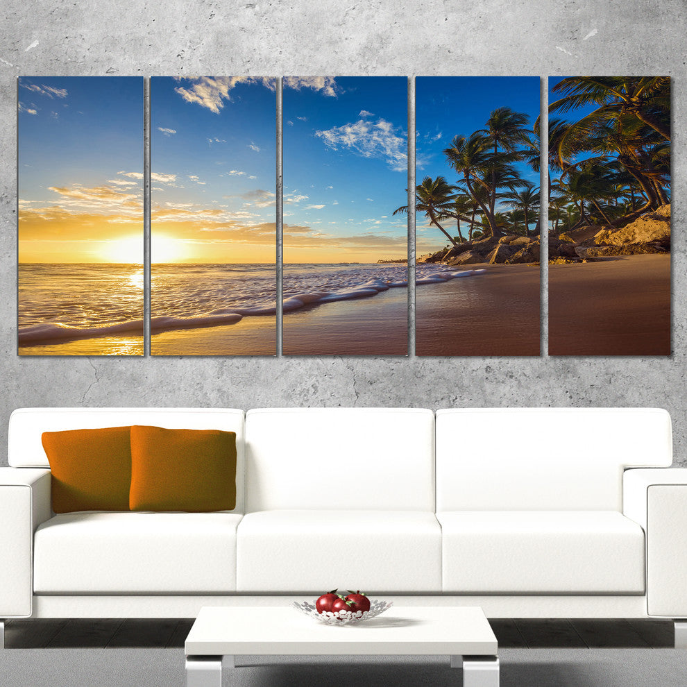 Paradise Tropical Island Beach Sunrise, Seashore Canvas Print, 60"x28", 5 Panels