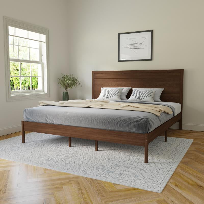 Kingston Solid Wood Platform Bed with Wooden Slats and Headboard, Brown, King