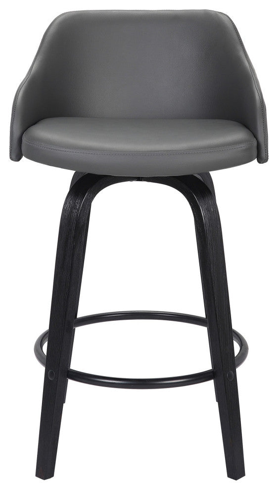 26 Inch Wooden and Leatherette Swivel Barstool, Black and Gray
