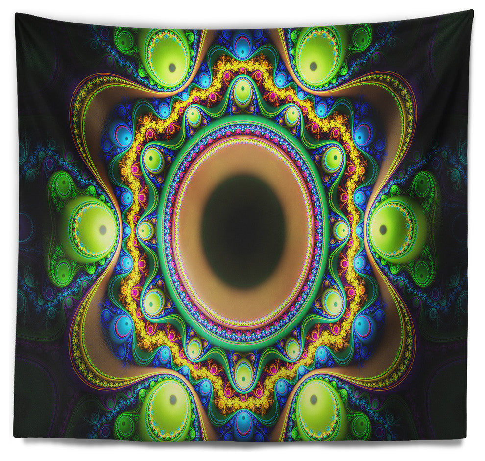 Green Fractal Pattern with Circles Abstract Wall Tapestry, 80"x68"