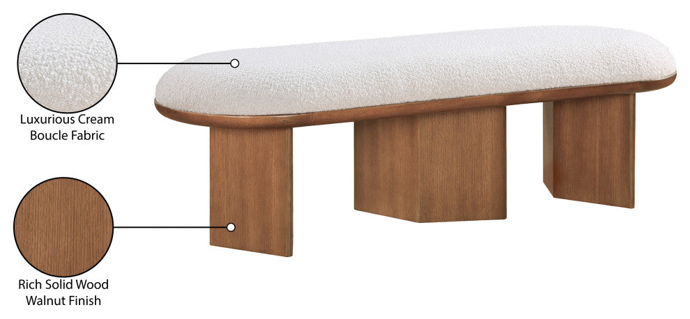 Wilshire Boucle Fabric Upholstered Bench, Cream, Walnut Finish