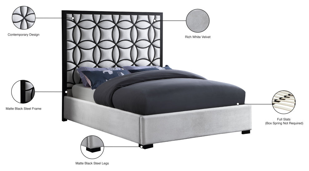 Taj White Velvet Bed With Matte Black Steel Frame and Legs, Queen