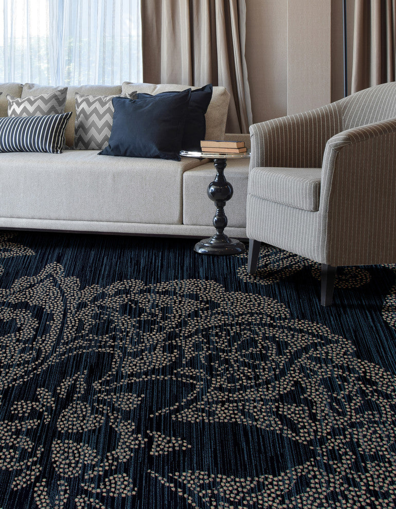 Bastille Large Damask Blue 5'3" Round Area Rug