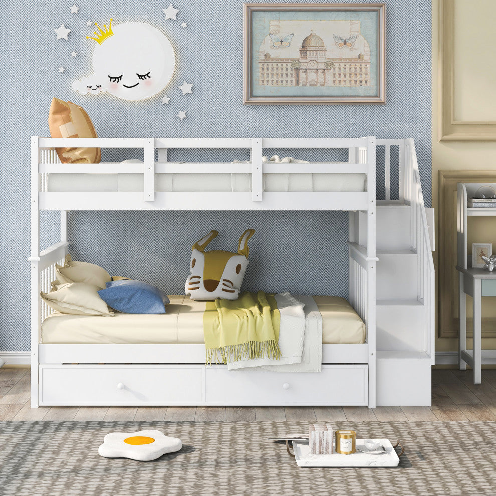 Gewnee Wood Twin-Over-Twin Bunk Bed with Trundle and Stairway in White