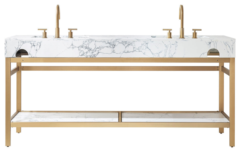 Ecija Bath Vanity, Metal Support with Stone Top, Brushed Gold, 72 in., With Mirror