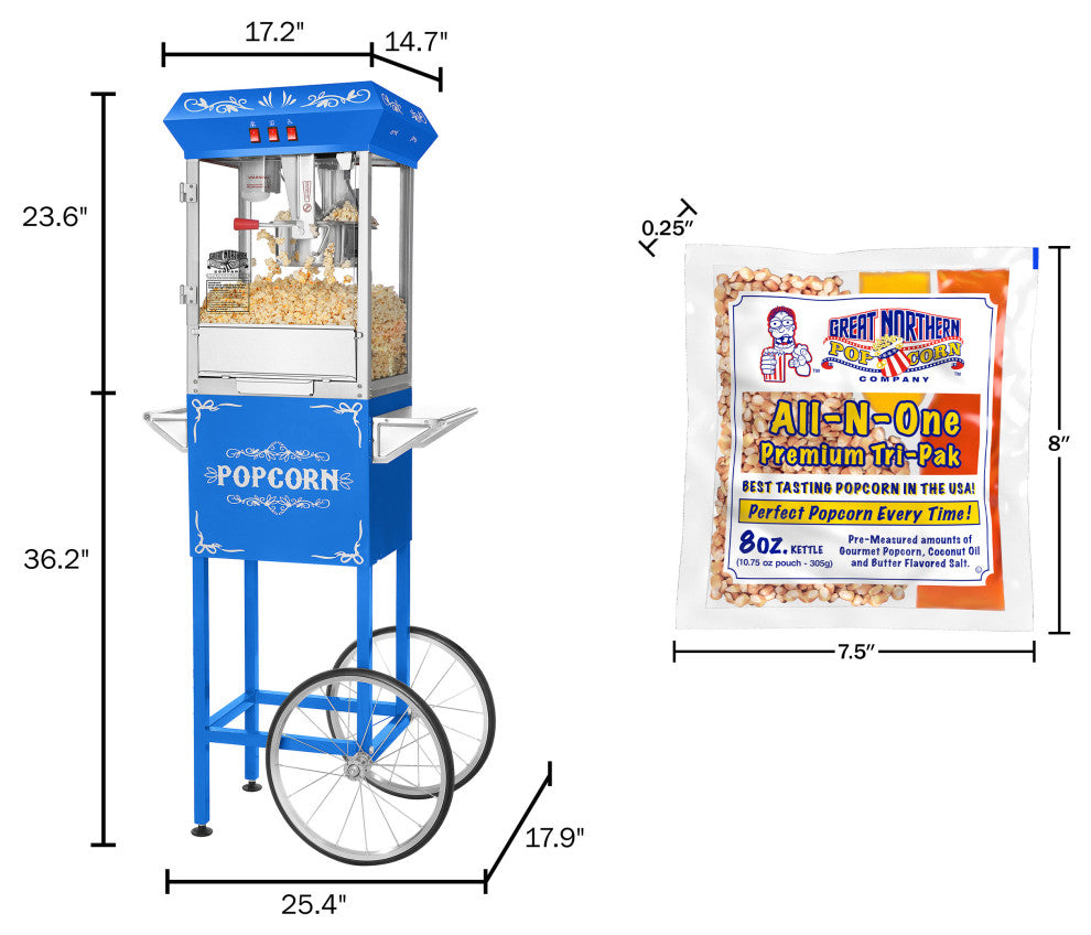 Popcorn Machine with Cart and 5-Pack of Kernels 8oz Popper