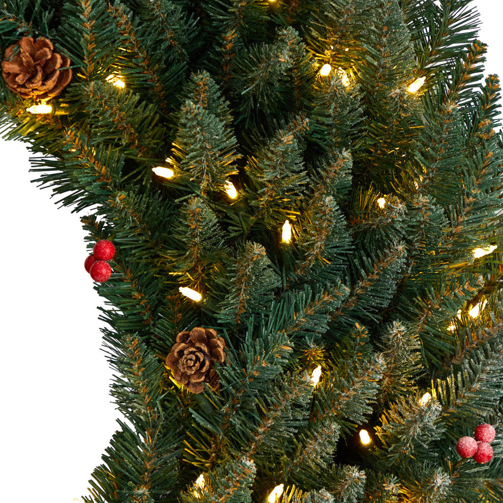 4' Large Flocked Faux Xmas Wreath W/Pinecones, Berry, Lights & Bendable Branches