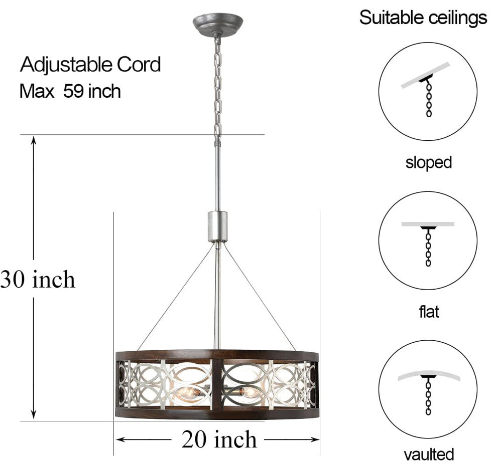 4 Light Farmhouse Dining Chandelier Drum Round Pendant Light With Chrome Finish