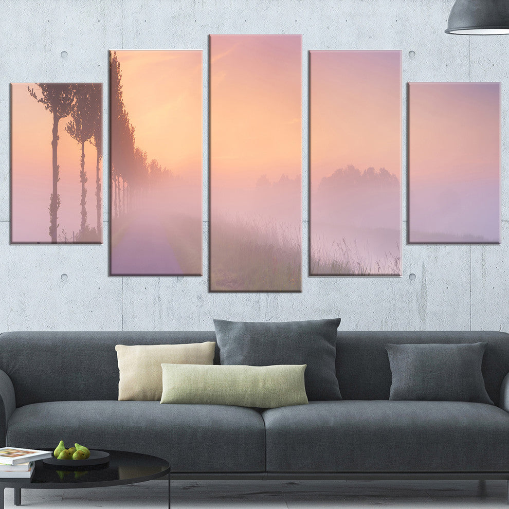 "Foggy Sunrise in The Netherlands" Wall Art Landscape, 5 Panels, 60"x32"