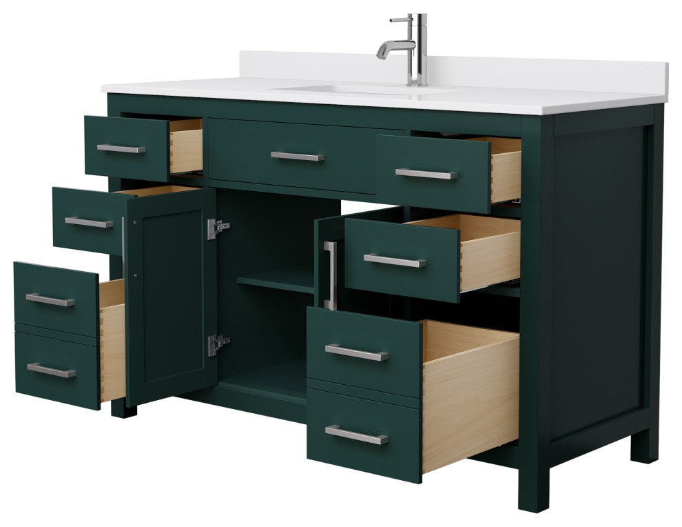 54"SGL Bathroom Vanity Green, White Cult. Marble Countertop, Sink, Nickel Trim