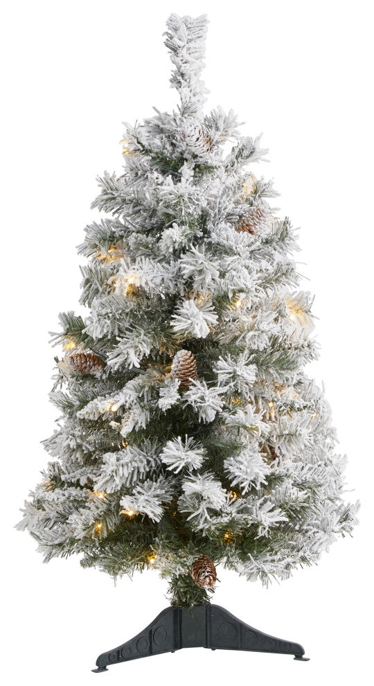 3' Flocked White River Mountain Pine Faux Xmas Tree W/Pinecones & Clear Lights