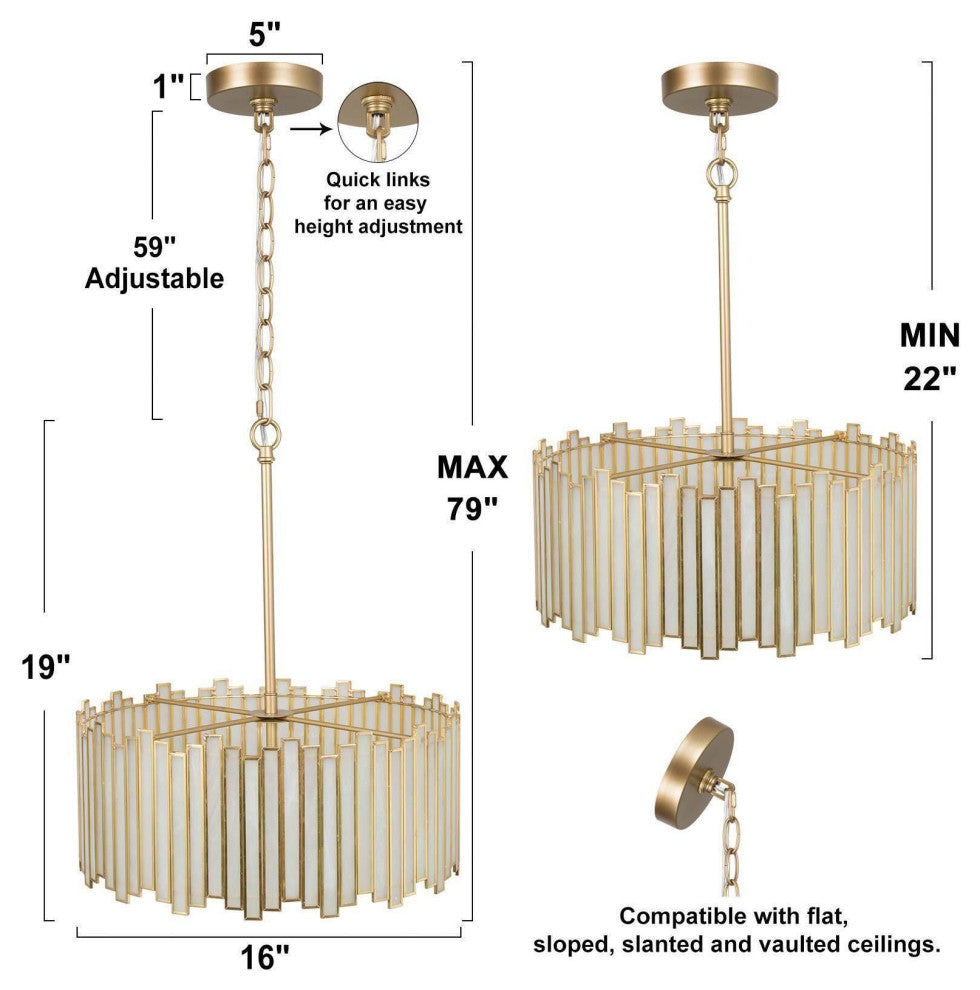 LNC Tiffany 4-Light Modern Drum Glass Chandelier, Gold
