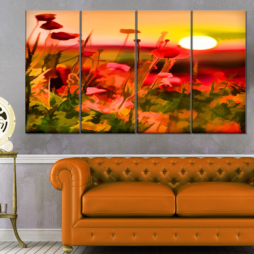 Summer Sunset with Red Poppies, Large Landscape Canvas Print, 48"x28", 4 Panels