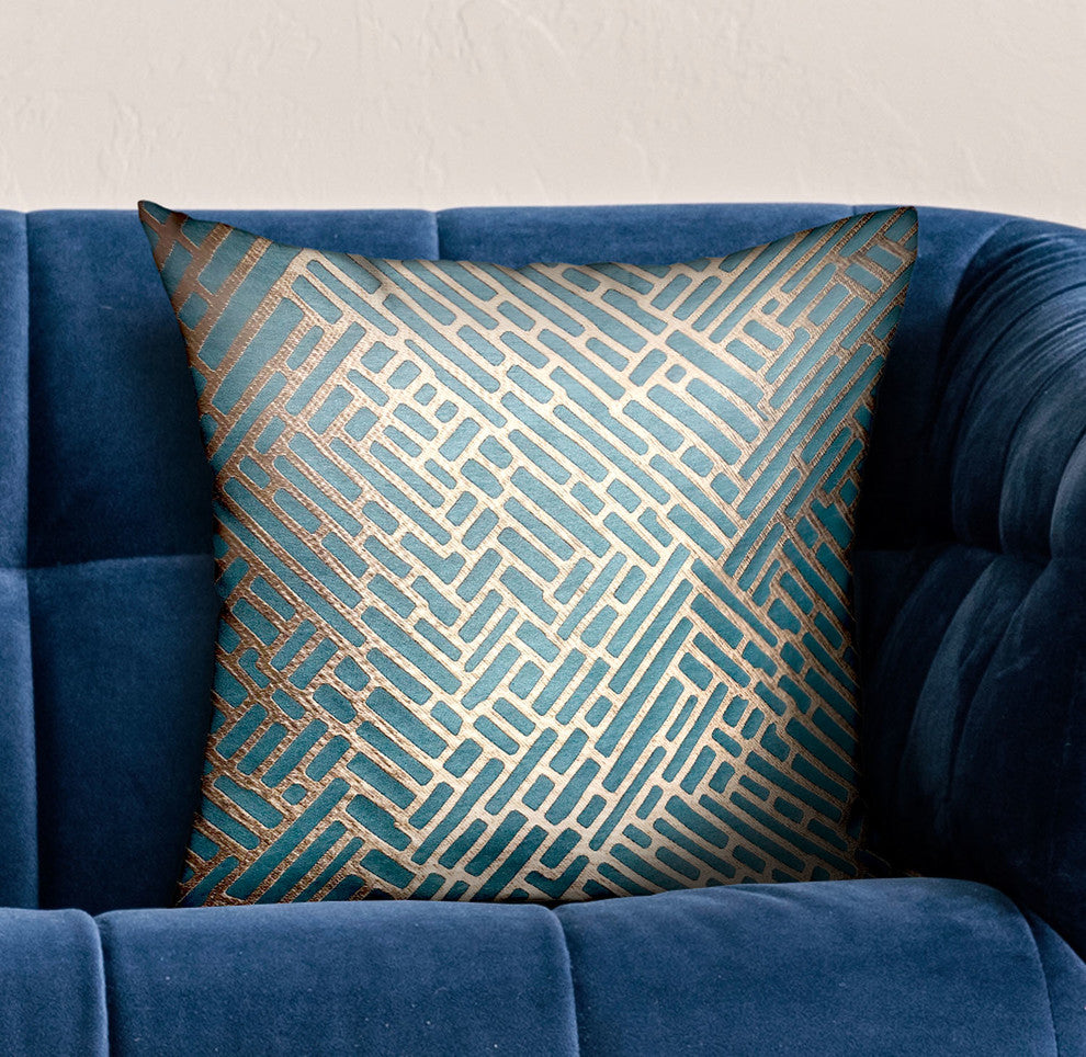 Plutus Golden Brick Blue Geometric Luxury Throw Pillow, 12"x20"