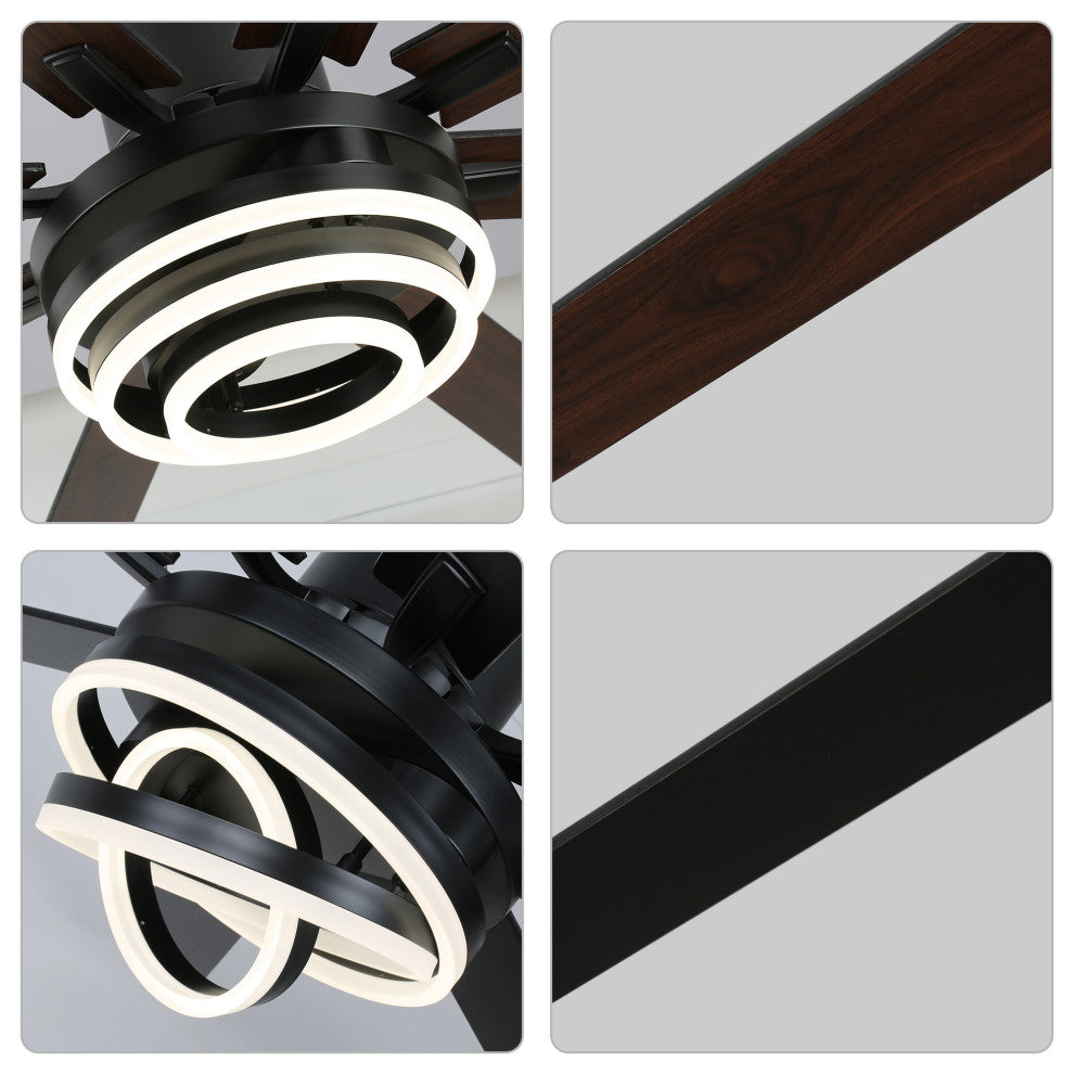 72" Modern 8 Wood Blades Large Ceiling Fan w LED Light, Black