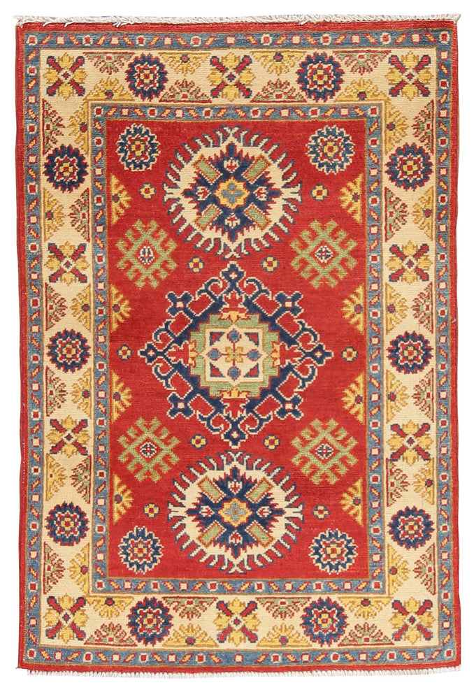 Traditional Pakistani Kazak Wool Hand-Knotted Oriental Area Rug, Red, 4'0"X2'9"