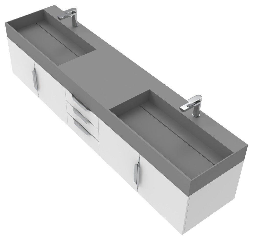 CastelloUSA Amazon 84" Wall Mounted Bathroom Vanity Set, White, Gray Top, Brushed Nickel