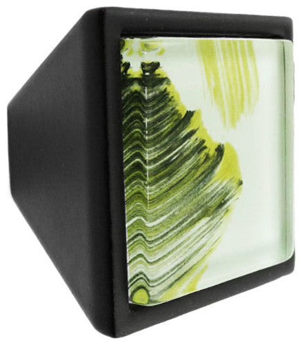 Hand Brushed Abstract Moss Streaks Crystal Glass Black Metal Square Frustum Knob