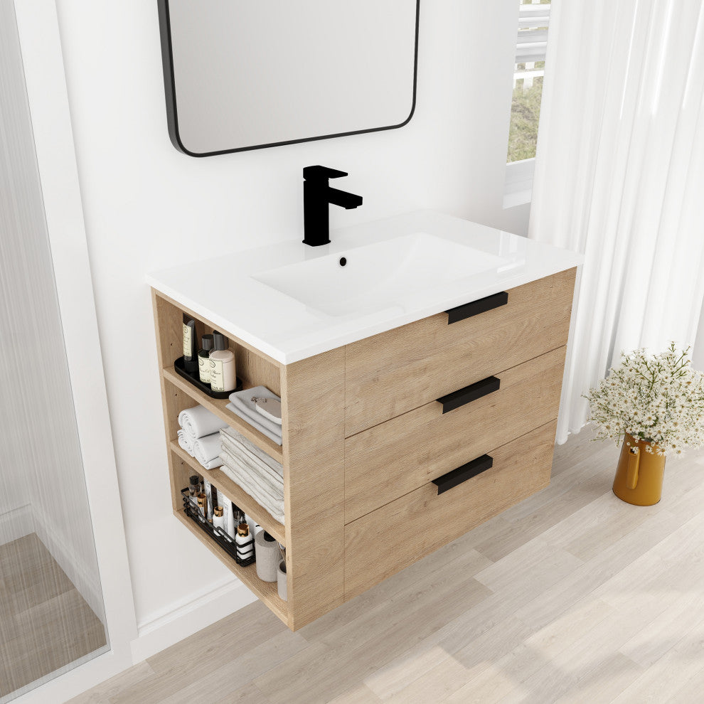30 Inch Plywood Wall-Mounted Bathroom Vanity With Drawer and Adjustable Shelf