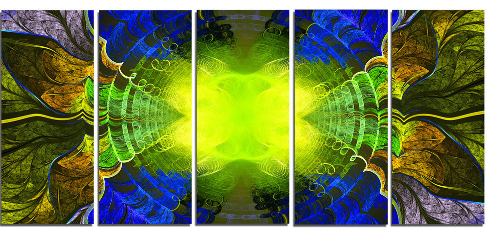 Green Golden Fractal Stained Glass, Abstract Canvas Art Print, 60"x28", 5 Panels