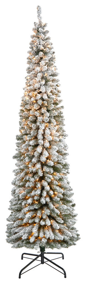 8' Flocked Pencil Faux Xmas Tree With 500 Clear Lights and 646 Bendable Branches